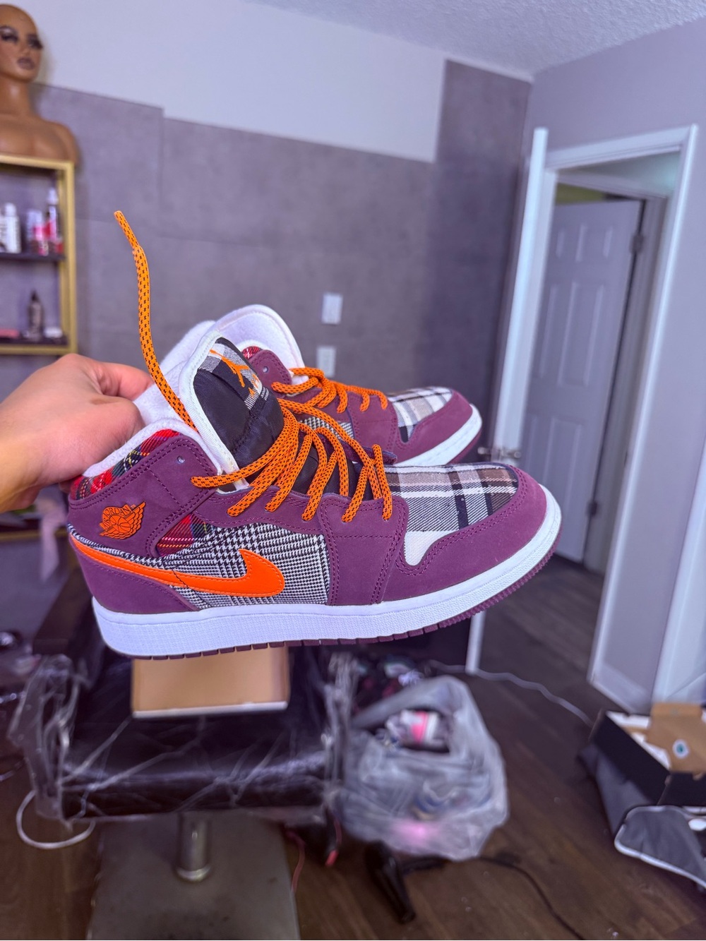 Nike Burgundy and Orange Plaid Air Jordan 1 Mid